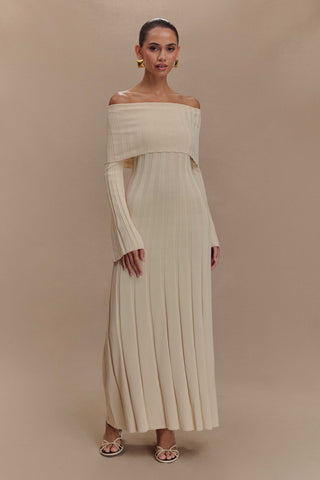 Alonza Uzun Kol Triko Midi Elbise - Krem