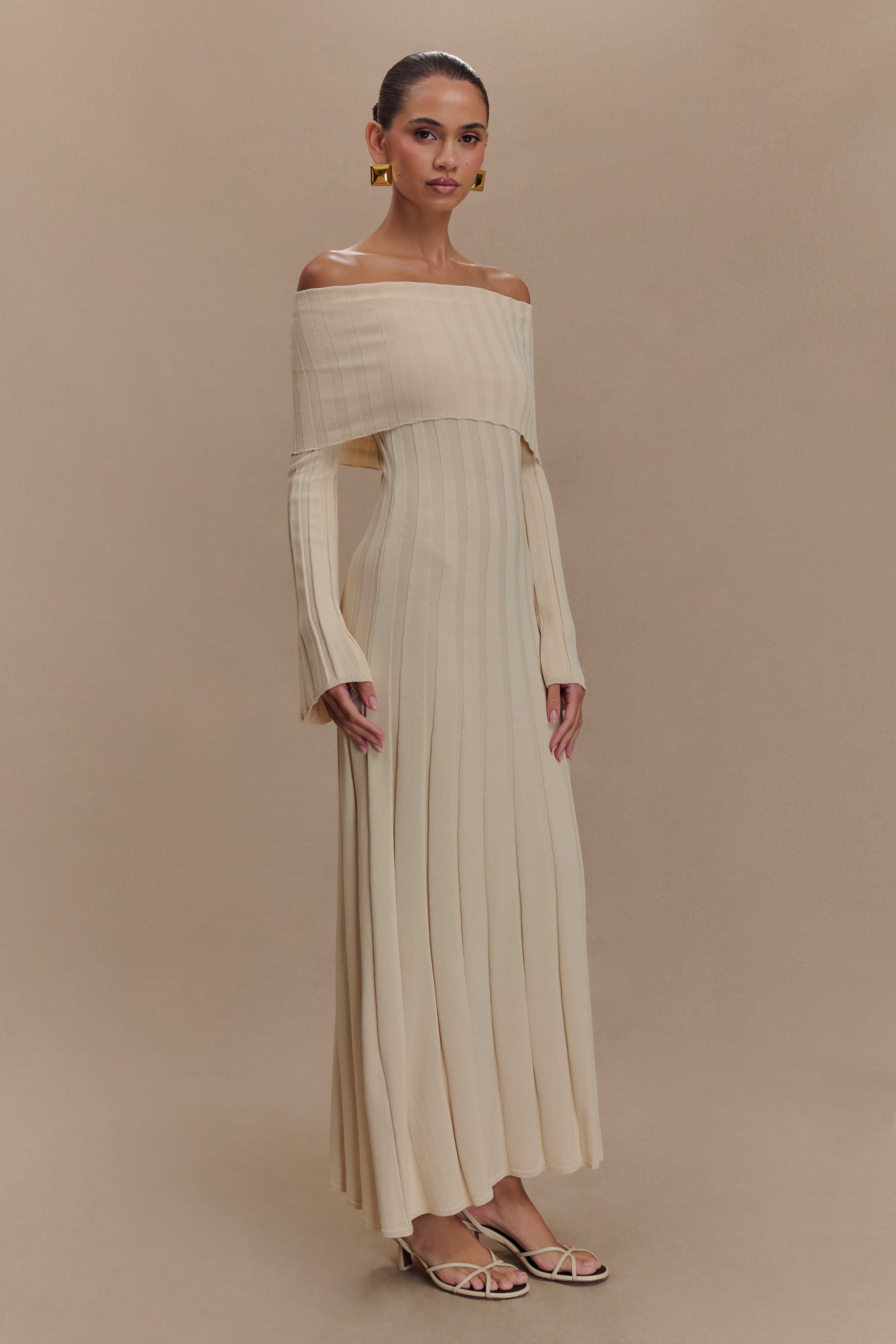 Alonza Uzun Kol Triko Midi Elbise - Krem