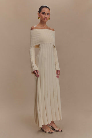 Alonza Uzun Kol Triko Midi Elbise - Krem