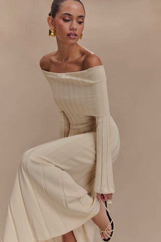 Alonza Uzun Kol Triko Midi Elbise - Krem