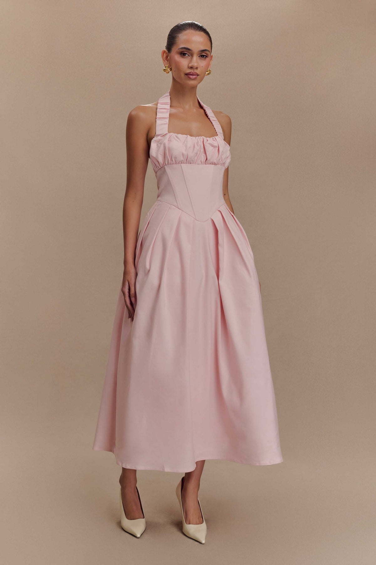 Şeker Boyundan Bağlamalı Midi Elbise - Bale Pembesi