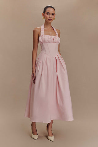 Şeker Boyundan Bağlamalı Midi Elbise - Bale Pembesi