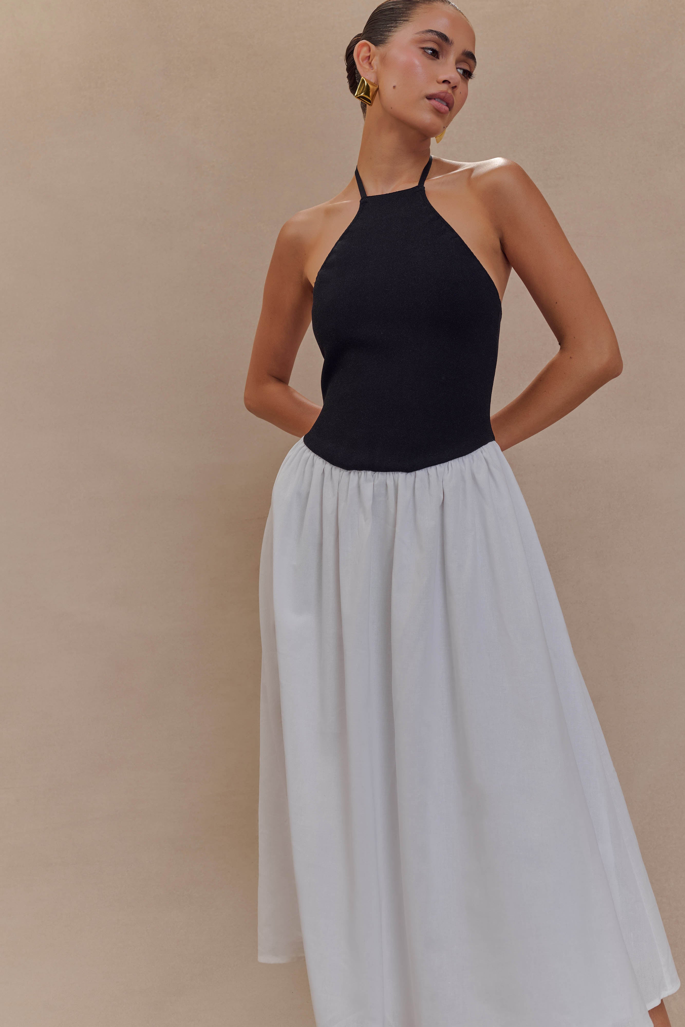 Katie Örgü Ve Keten Midi Elbise - Siyah/Beyaz