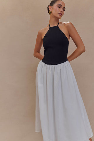 Katie Örgü Ve Keten Midi Elbise - Siyah/Beyaz