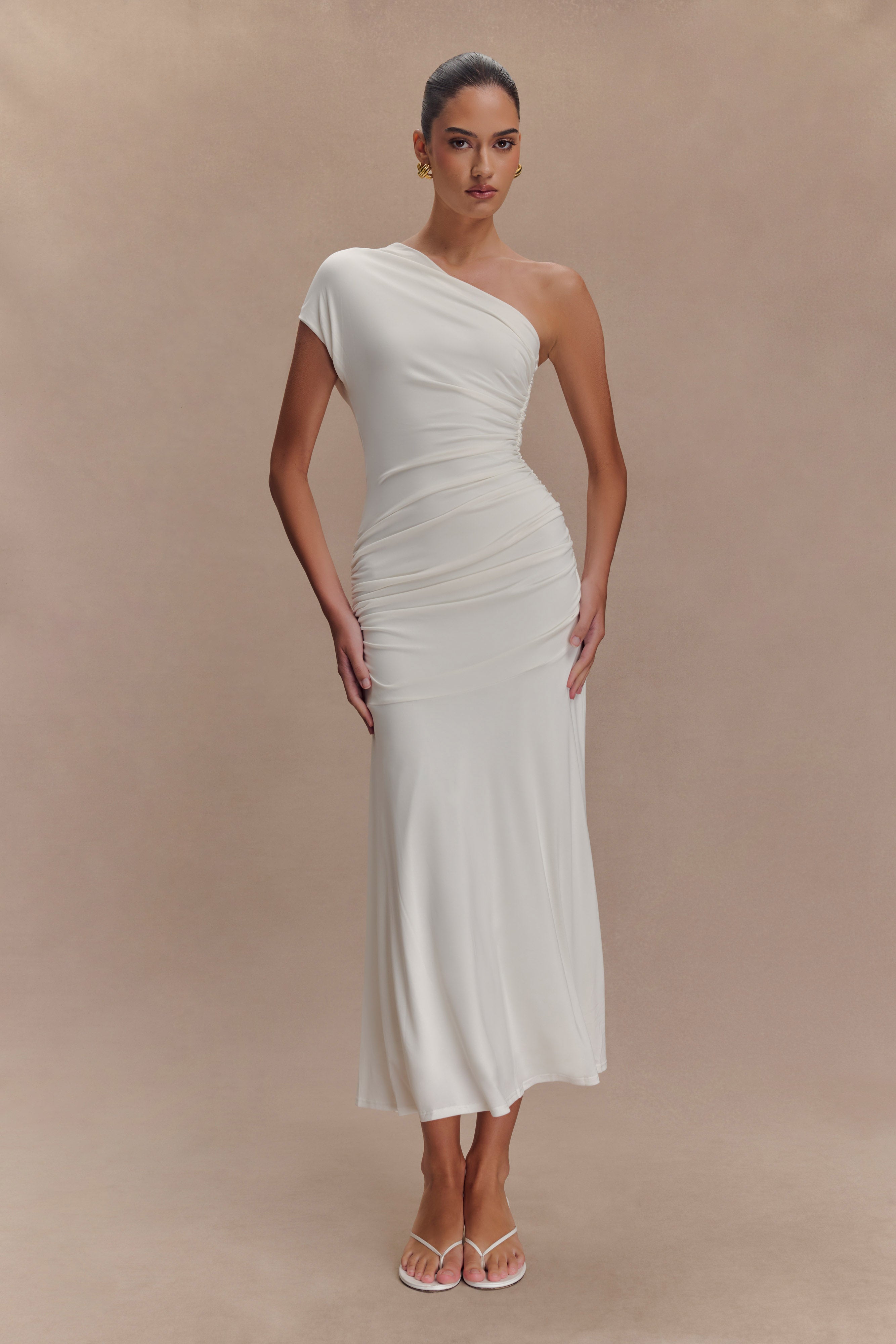 Chloe Şeftali Jersey Tek Omuz Midi Elbise - Fildişi