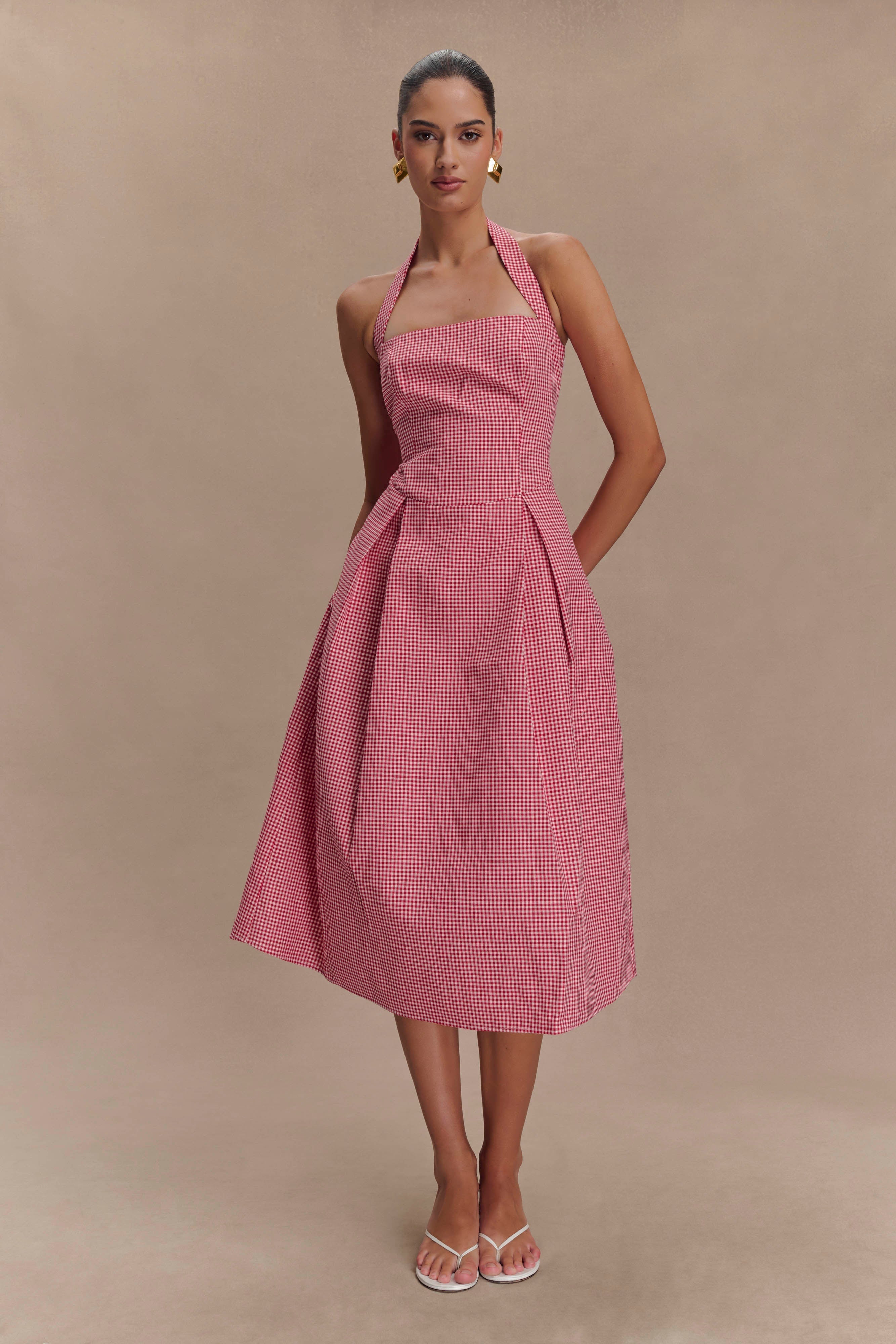 Juana Boyundan Bağlamalı Midi Elbise - Kırmızı Pötikareli