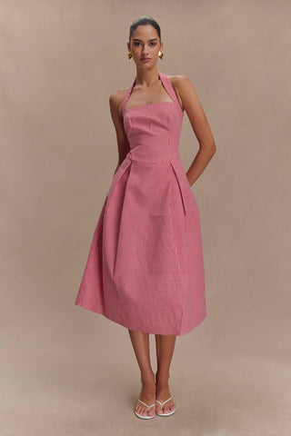 Juana Boyundan Bağlamalı Midi Elbise - Kırmızı Pötikareli