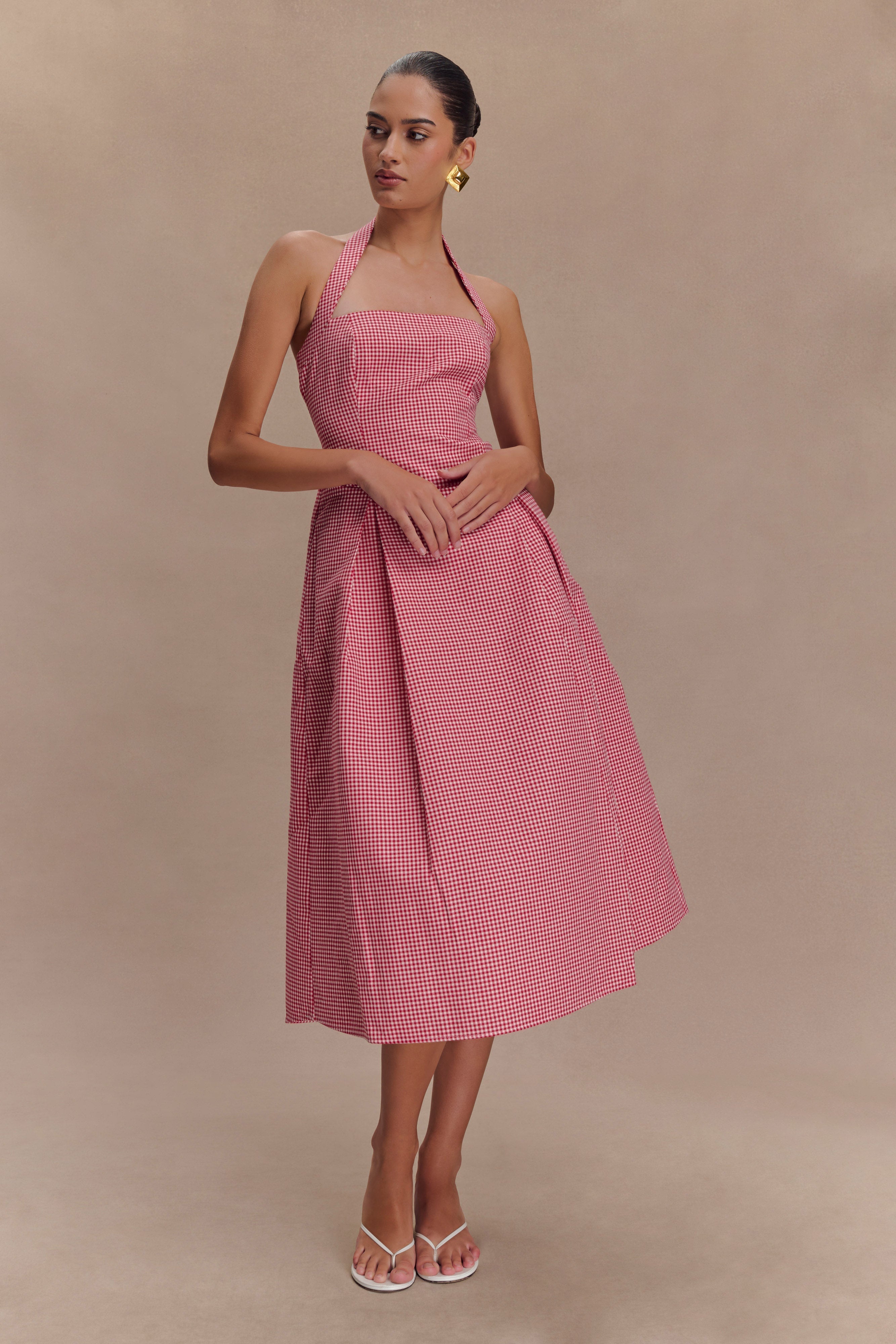 Juana Boyundan Bağlamalı Midi Elbise - Kırmızı Pötikareli