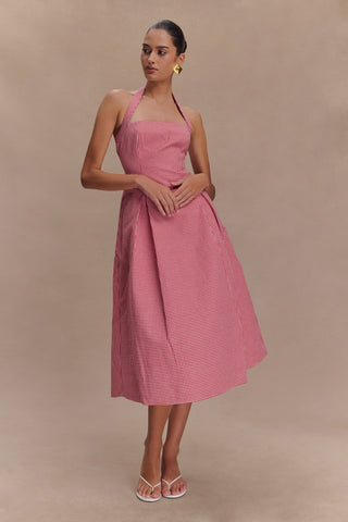 Juana Boyundan Bağlamalı Midi Elbise - Kırmızı Pötikareli