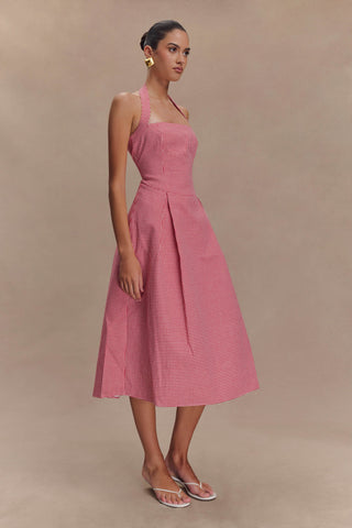 Juana Boyundan Bağlamalı Midi Elbise - Kırmızı Pötikareli