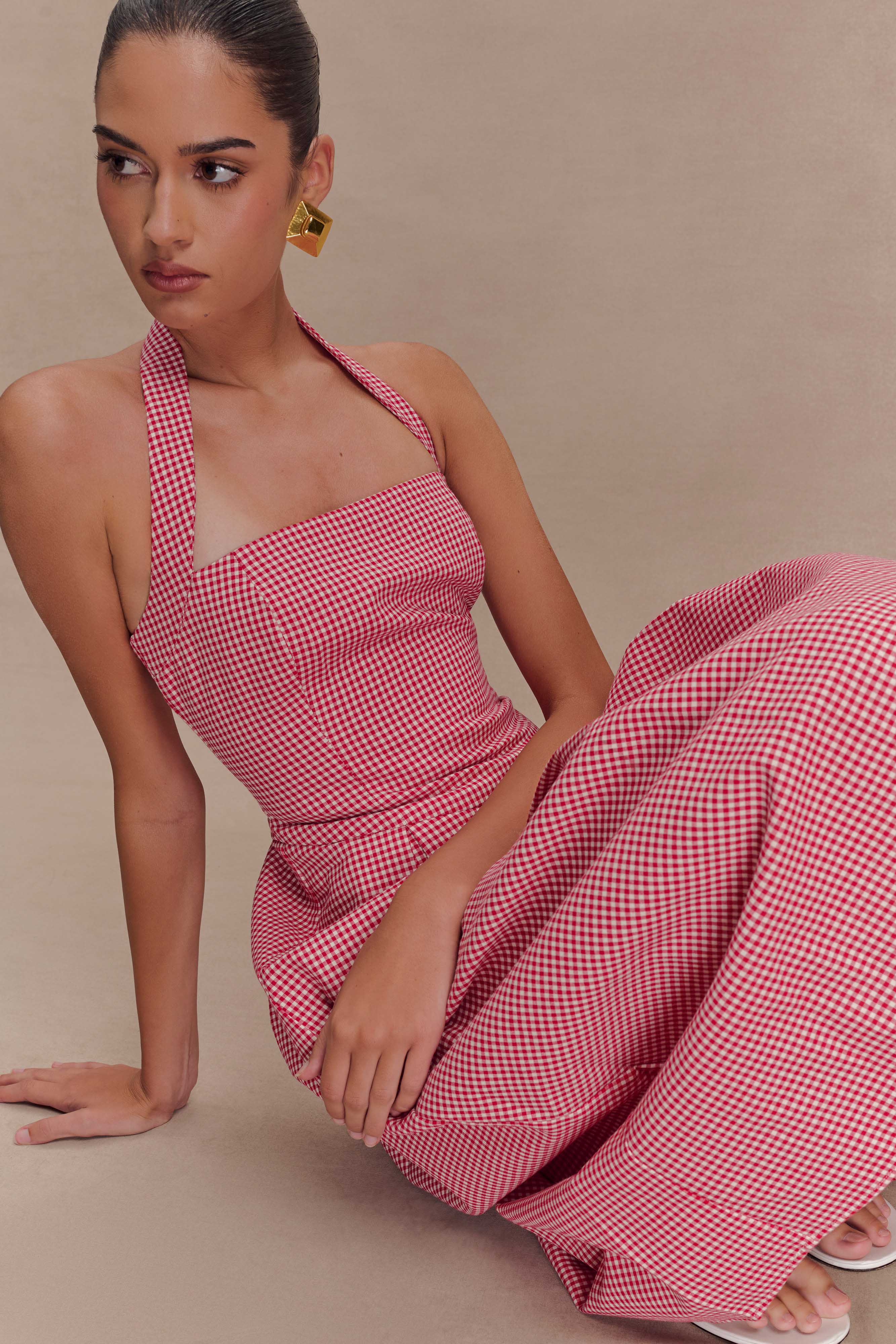 Juana Boyundan Bağlamalı Midi Elbise - Kırmızı Pötikareli