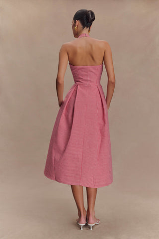 Juana Boyundan Bağlamalı Midi Elbise - Kırmızı Pötikareli