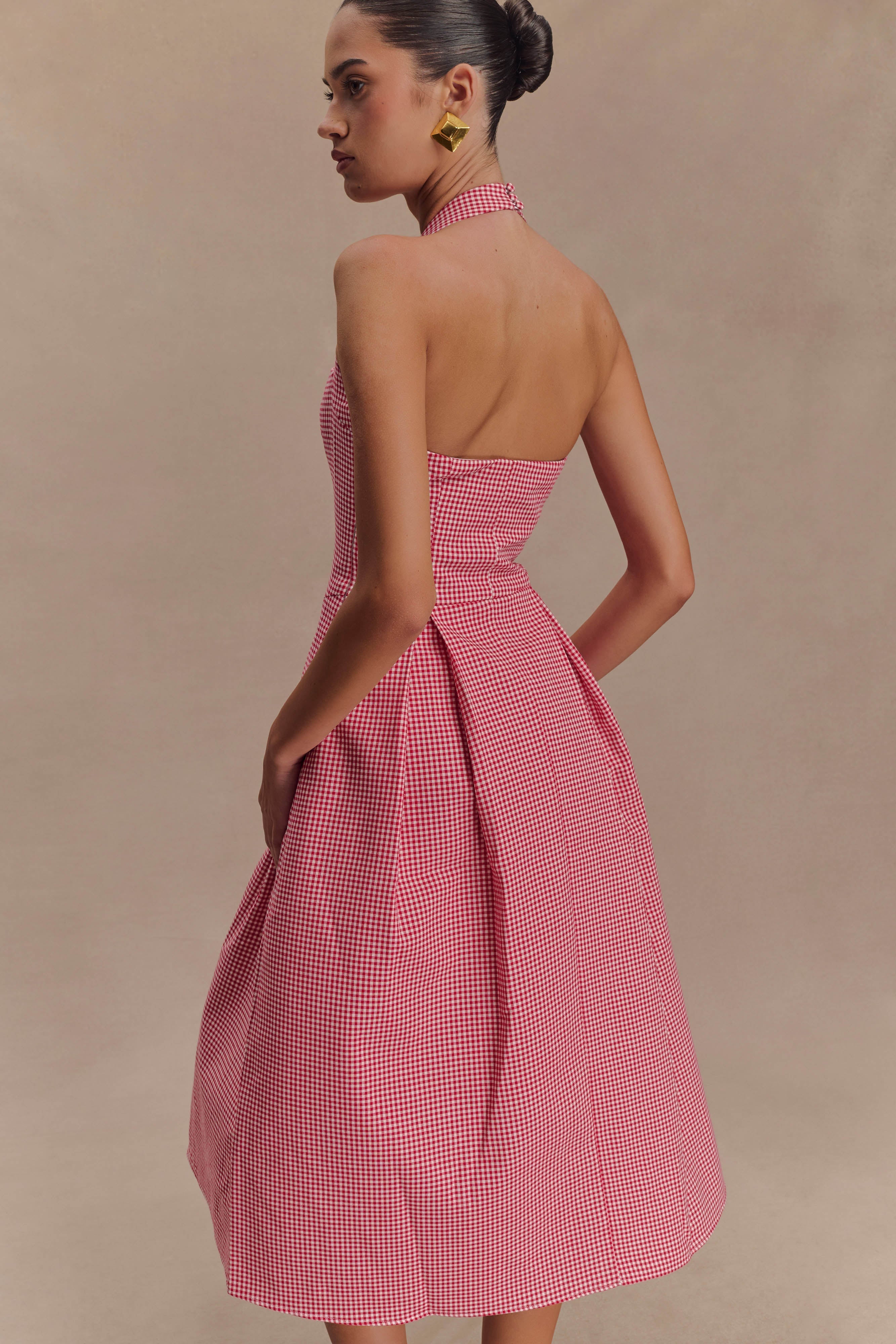 Juana Boyundan Bağlamalı Midi Elbise - Kırmızı Pötikareli