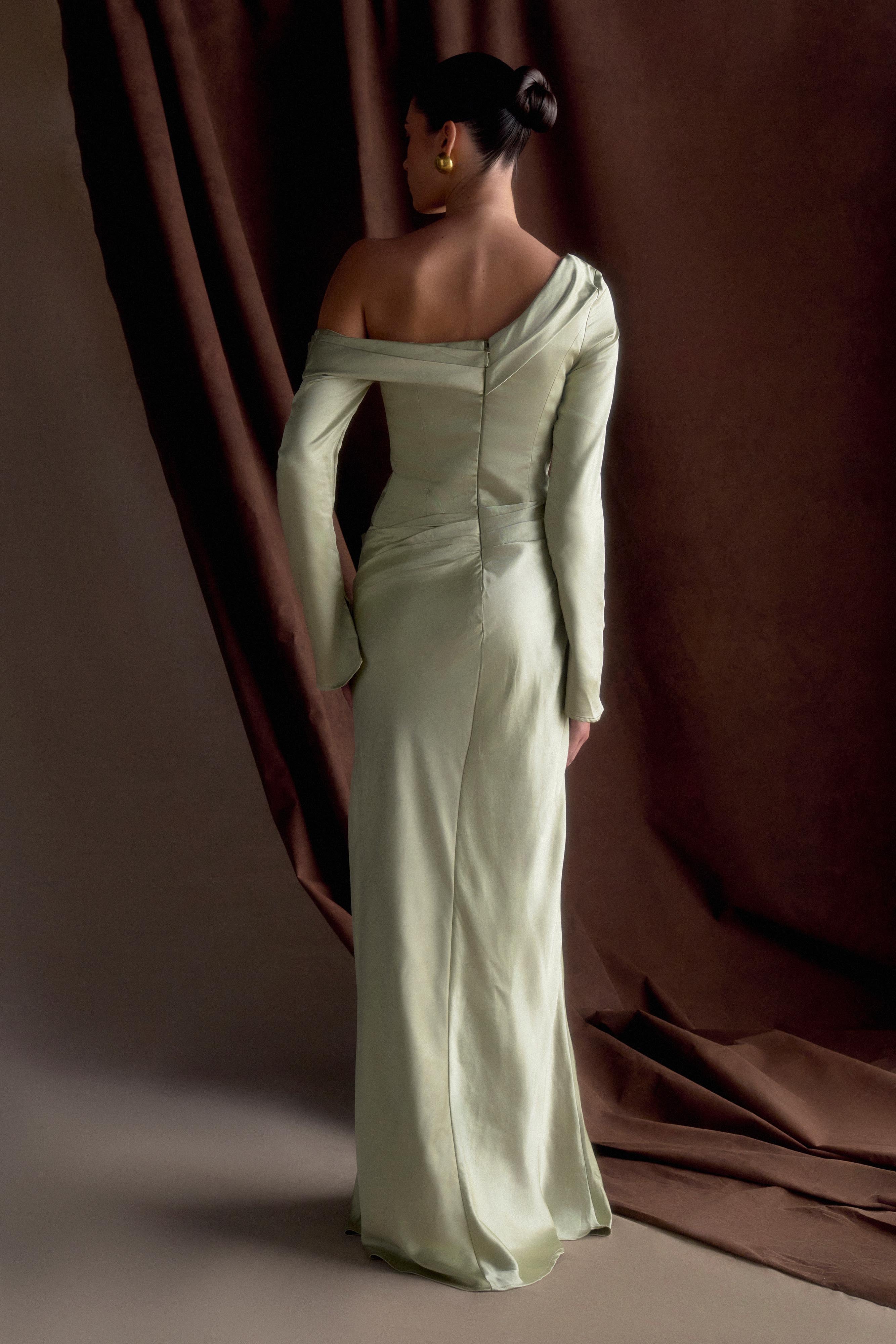 Iris Uzun Kol Saten Maxi Elbise - Adaçayı