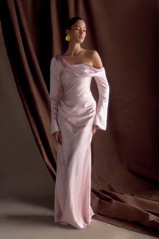 Iris Uzun Kol Saten Maxi Elbise - Soft Pembe
