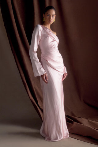 Iris Uzun Kol Saten Maxi Elbise - Soft Pembe
