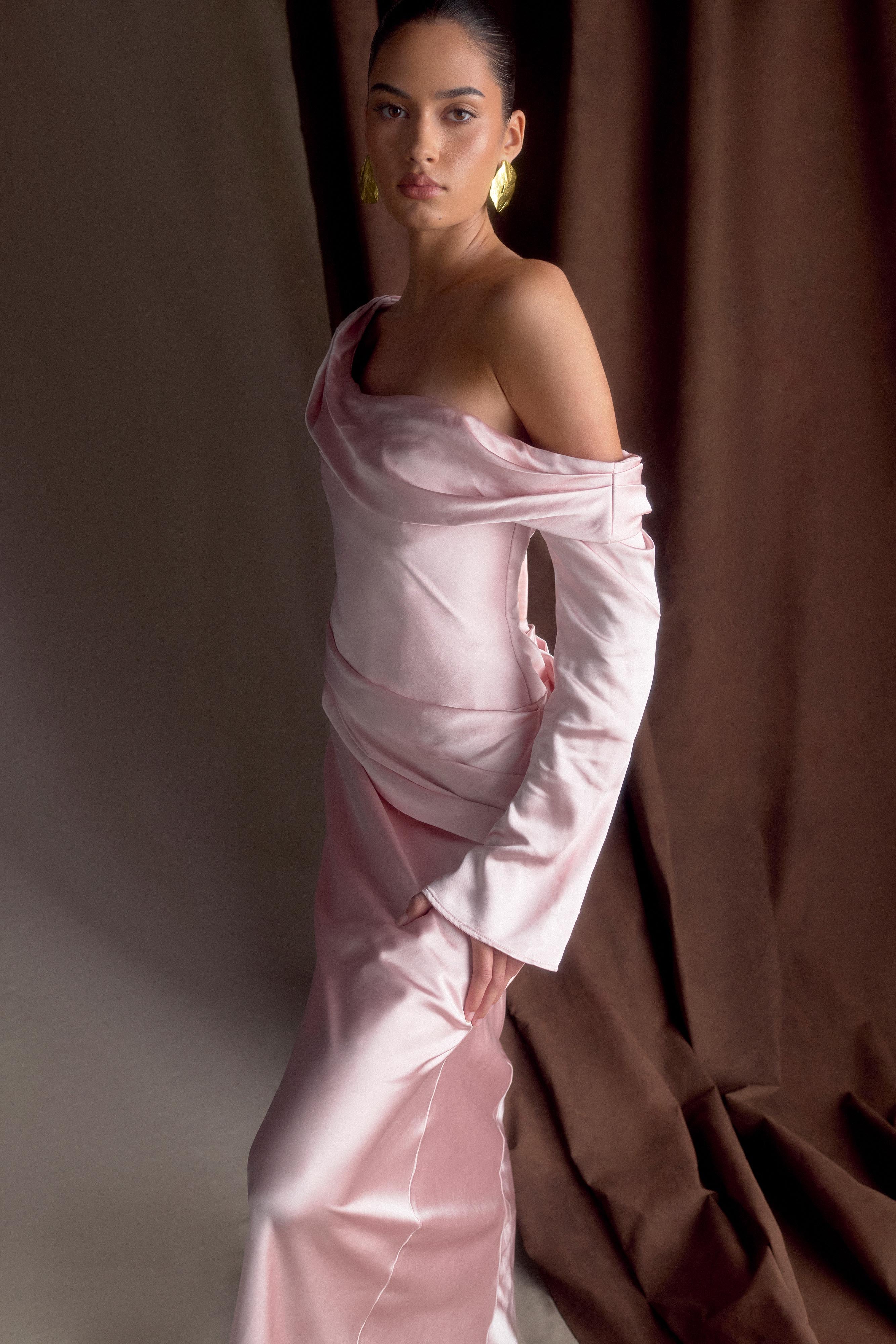 Iris Uzun Kol Saten Maxi Elbise - Soft Pembe