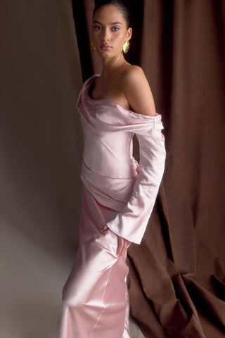 Iris Uzun Kol Saten Maxi Elbise - Soft Pembe