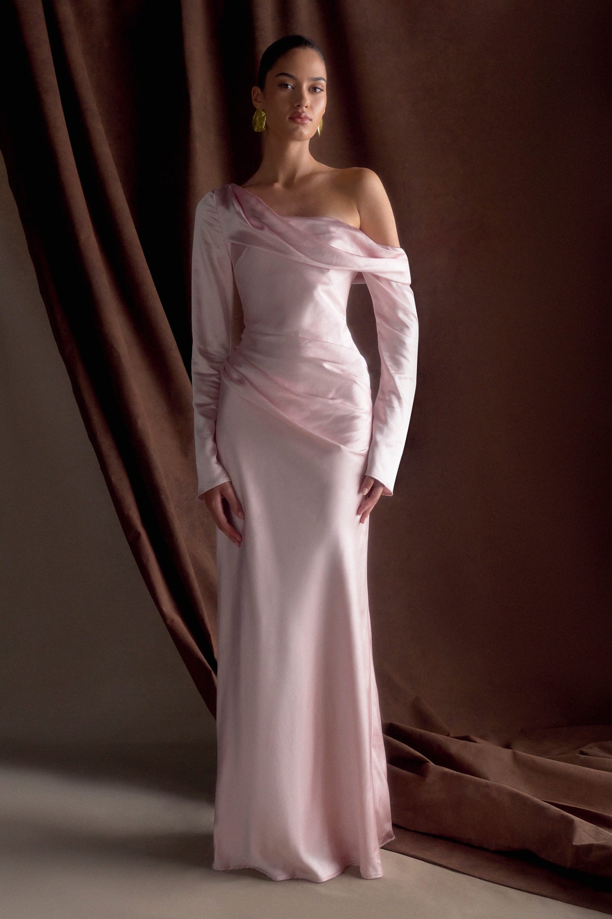 Iris Uzun Kol Saten Maxi Elbise - Soft Pembe