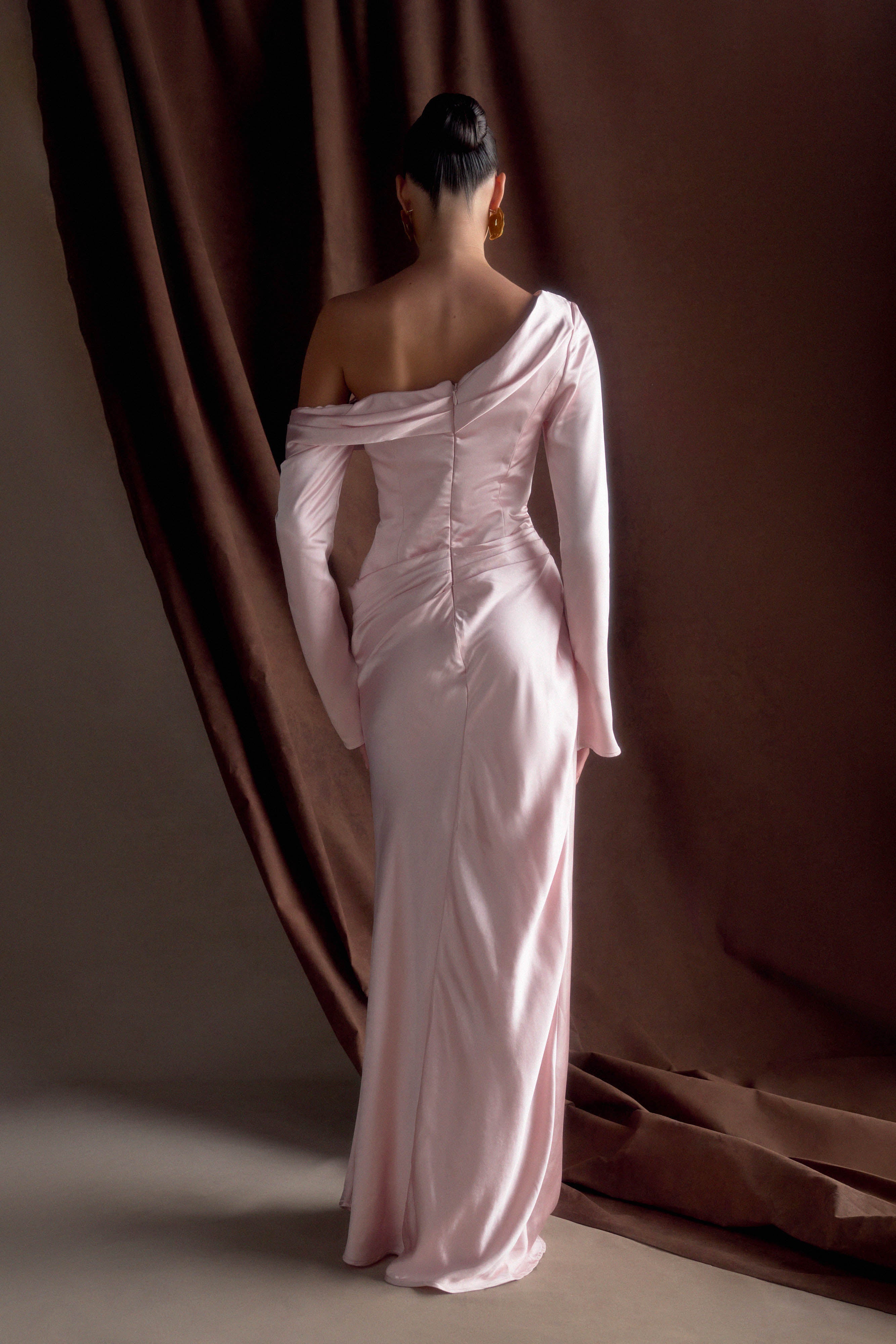 Iris Uzun Kol Saten Maxi Elbise - Soft Pembe