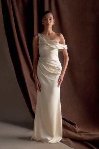 Dalia Düşük Omuzlu Saten Maxi Elbise - Allık Altın