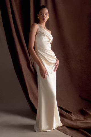 Dalia Düşük Omuzlu Saten Maxi Elbise - Allık Altın