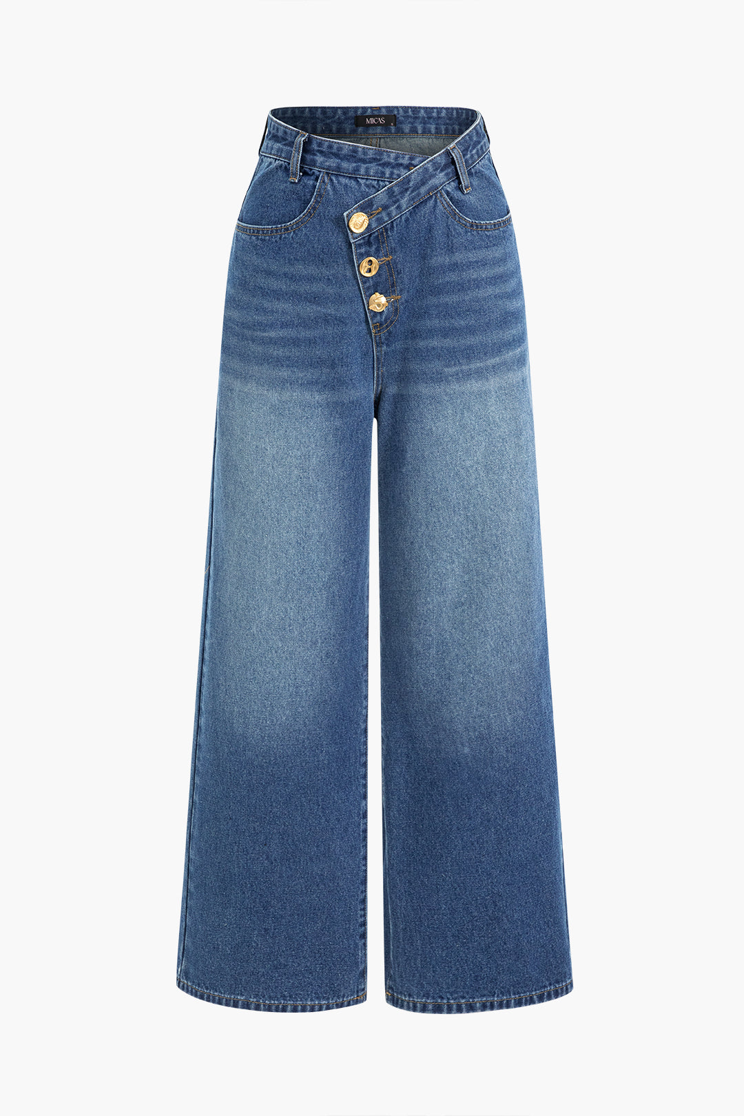 Denim Düğmeli Asimetrik Geniş Paça Jean