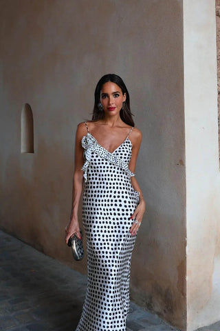 Fantasy Puantiyeli Desenli Güpür Fırfırlı Askılı Maxi Elbise