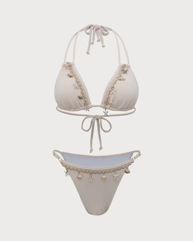 Beyaz Kabuk Süslemeli Bikini Takımı