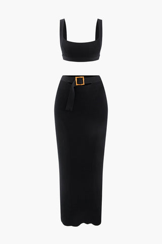 Kısa Tank Top Ve Tokalı Midi Etek Seti