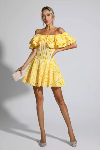 Amora Sarı Kesik Volanlı Mini Elbise