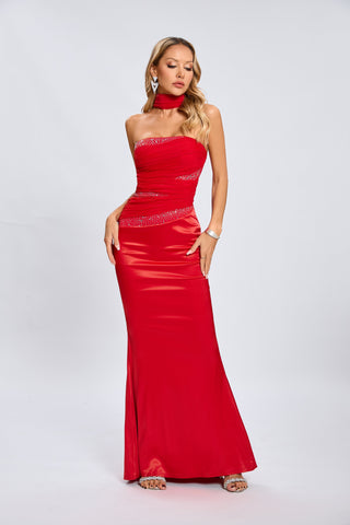 Jade Scarlet Radiance Straples Maksi Elbise