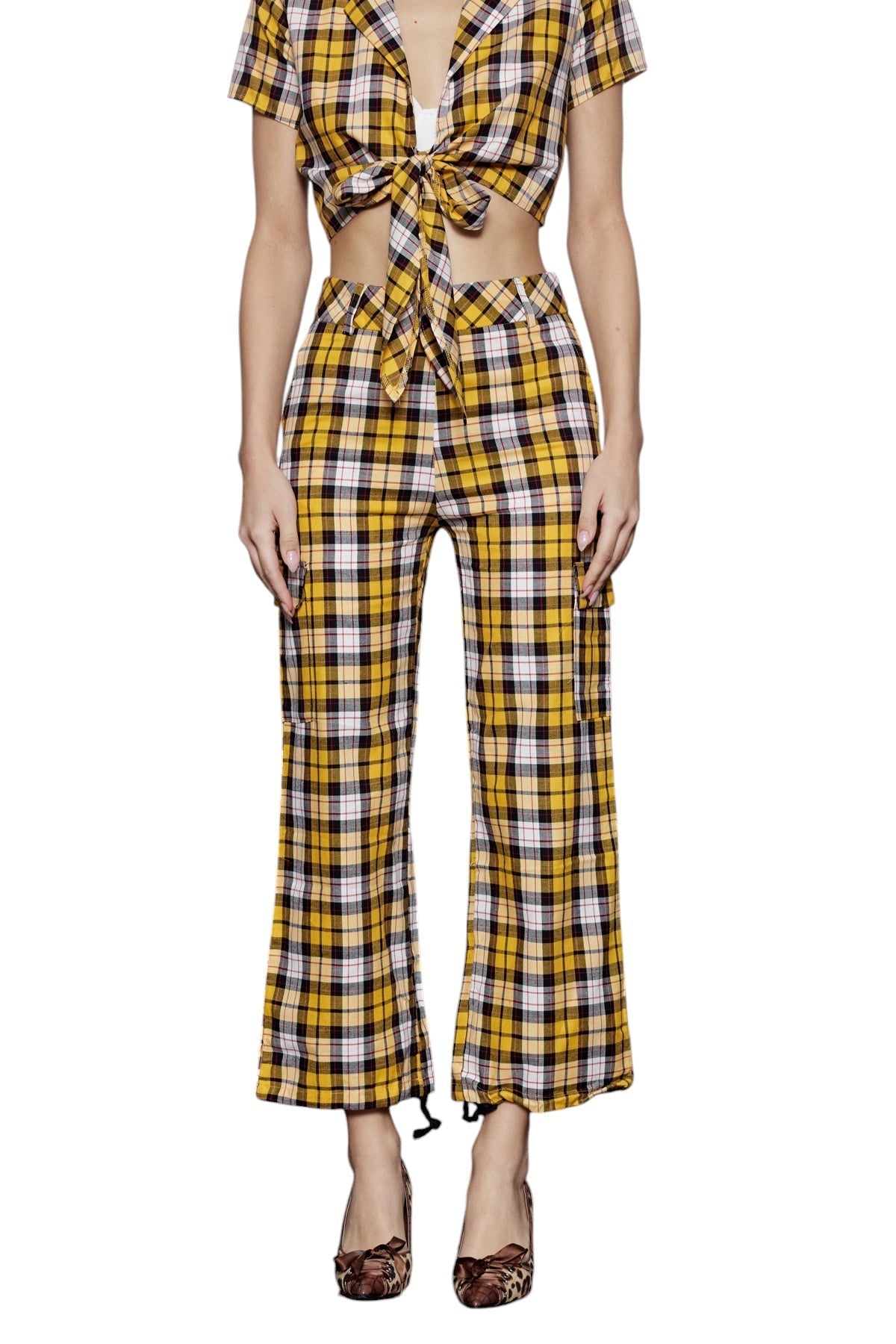 Kare Desenli Bağcıklı Pantolon