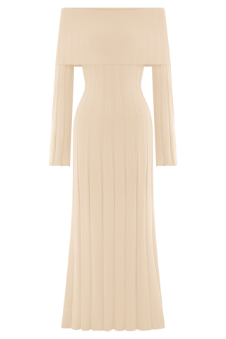 Alonza Uzun Kol Triko Midi Elbise - Krem