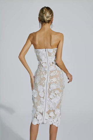 Anais Beyaz Dantel Çiçek Omuz Açık Midi Elbise