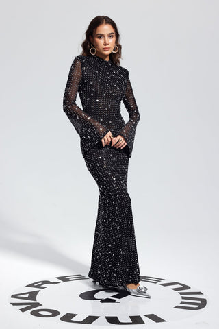 Andie Taşlı Bodycon Uzun Kollu Maxi Elbise
