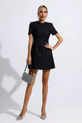 Astrid Siyah Jakarlı Çiçekli Mini Elbise (Dar Kalıp)