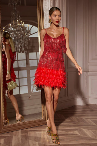 Austyn Püsküllü Tüylü Mini Elbise Kırmızı