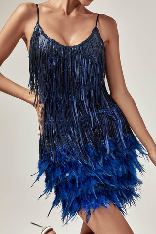 Austyn Püsküllü Tüylü Mini Elbise Kraliyet Mavisi