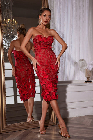 Avital Straplez Çiçekli Midi Elbise