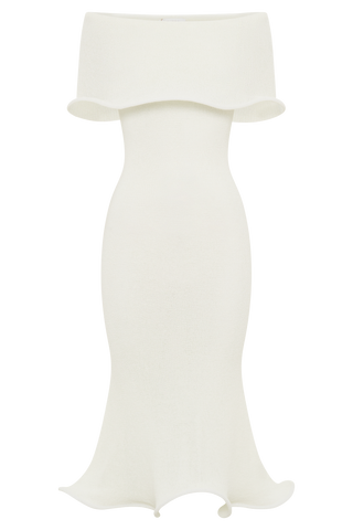 Molly Düşük Omuzlu Triko Midi Elbise - Fildişi