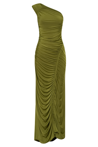Kapri Büzgülü Dar Maxi Elbise - Vintage Zeytin