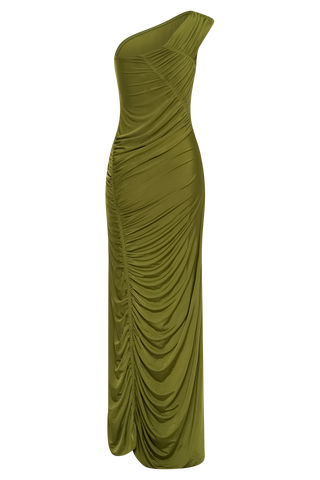 Kapri Büzgülü Dar Maxi Elbise - Vintage Zeytin