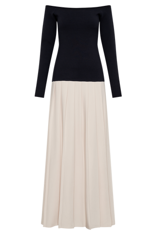 Presley Kontrast Örme Düşük Omuz Uzun Elbise - Lacivert Ve Krem