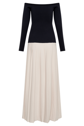 Presley Kontrast Örme Düşük Omuz Uzun Elbise - Lacivert Ve Krem