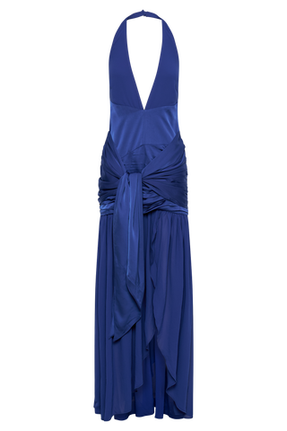 Graziana Saten Şifon Dekolteli Maxi Elbise - Kobalt Mavisi