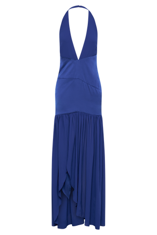 Graziana Saten Şifon Dekolteli Maxi Elbise - Kobalt Mavisi