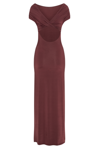 Imogen Düşük Omuzlu Dar Maxi Elbise - Maun
