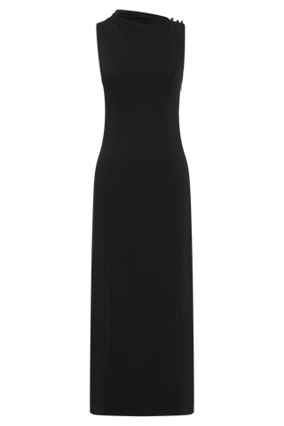 Taylor Drapeli Streç Krep Midi Elbise - Siyah