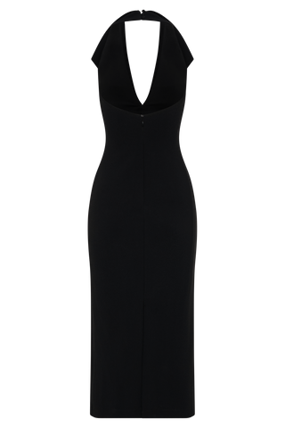 Annita Krep Boyundan Bağlamalı Midi Elbise - Siyah